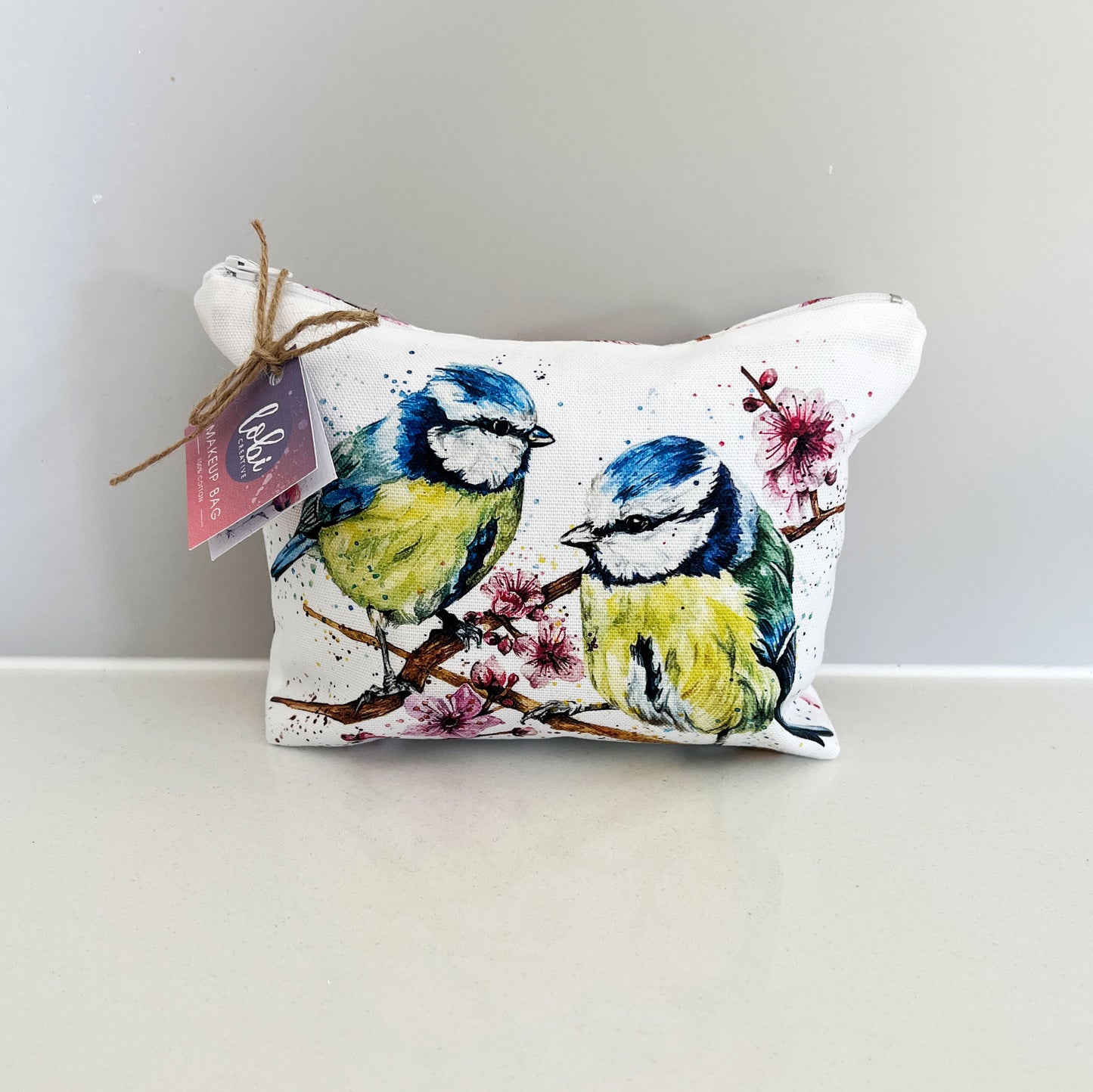 Watercolour Blue Tits & Blossom Cotton Makeup Bag