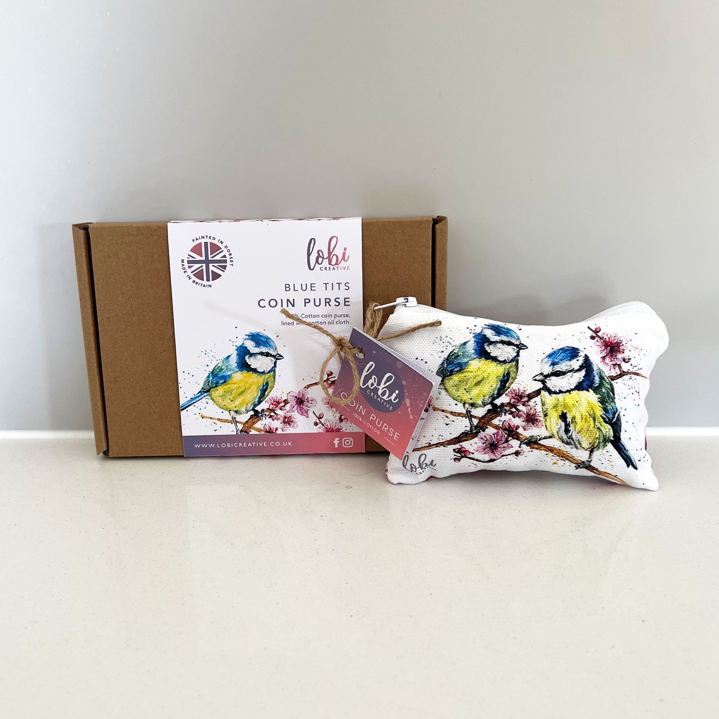 Watercolour Blue Tits Cotton Coin Purse & Gift Box