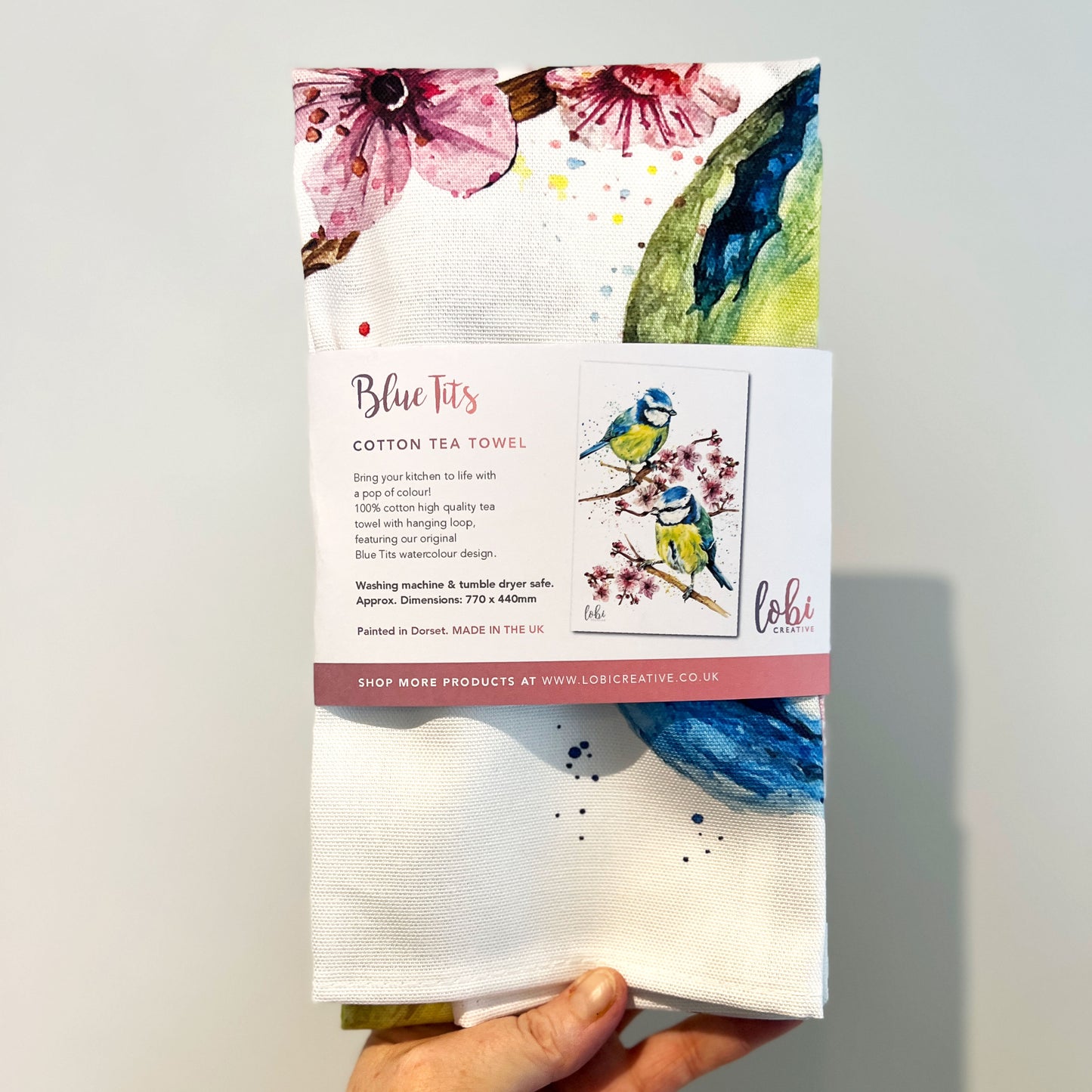 Watercolour Blue Tits & Blossom Cotton Tea Towel